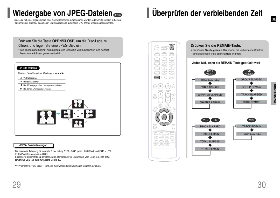 Samsung HT-P1200T/ADL Wiedergabe von JPEG-Dateien Jpeg, Überprüfen der verbleibenden Zeit, Drücken Sie die REMAIN-Taste 