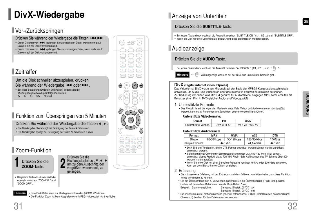 Samsung HT-P1200R/ELS, HT-P1200T/ADL manual DivX-Wiedergabe 