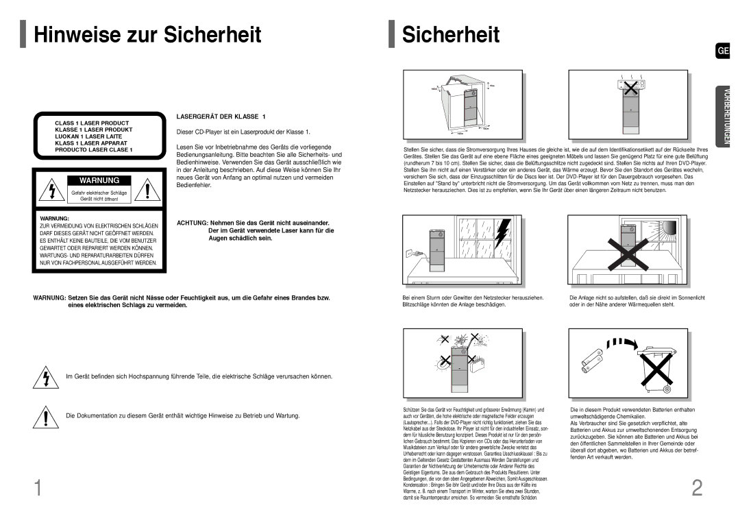 Samsung HT-P1200T/ADL, HT-P1200R/ELS manual Hinweise zur Sicherheit, Warnung 