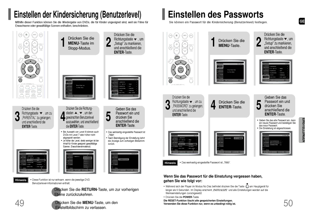 Samsung HT-P1200T/ADL Drücken Sie die MENU-Taste, Geben Sie das, Passwort ein und drücken Sie anschließend die ENTER-Taste 