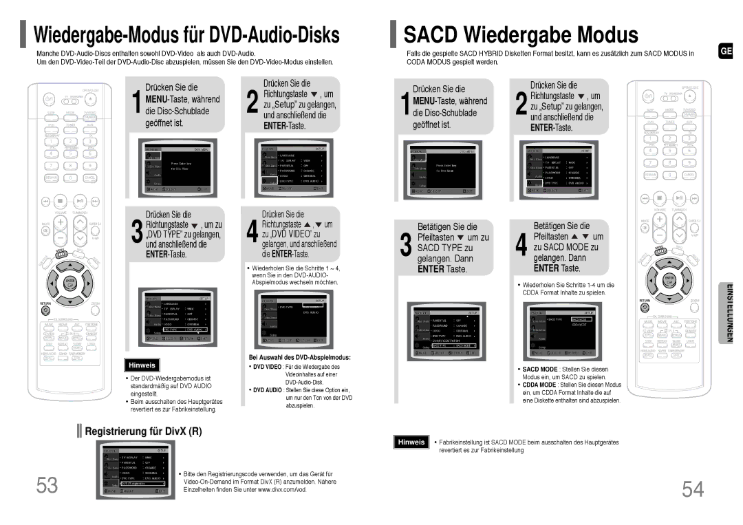 Samsung HT-P1200T/ADL, HT-P1200R/ELS manual Betätigen Sie die, Pfeiltasten um zu, Sacd Type zu, Gelangen. Dann, Enter Taste 