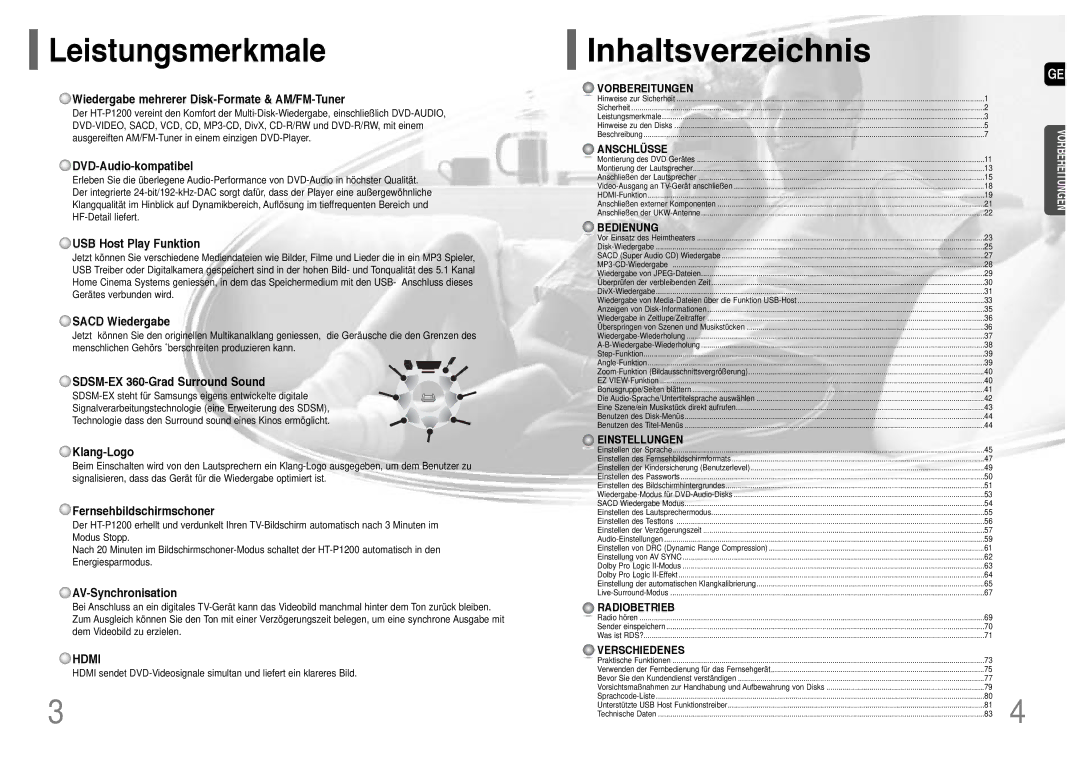 Samsung HT-P1200R/ELS, HT-P1200T/ADL manual Leistungsmerkmale 