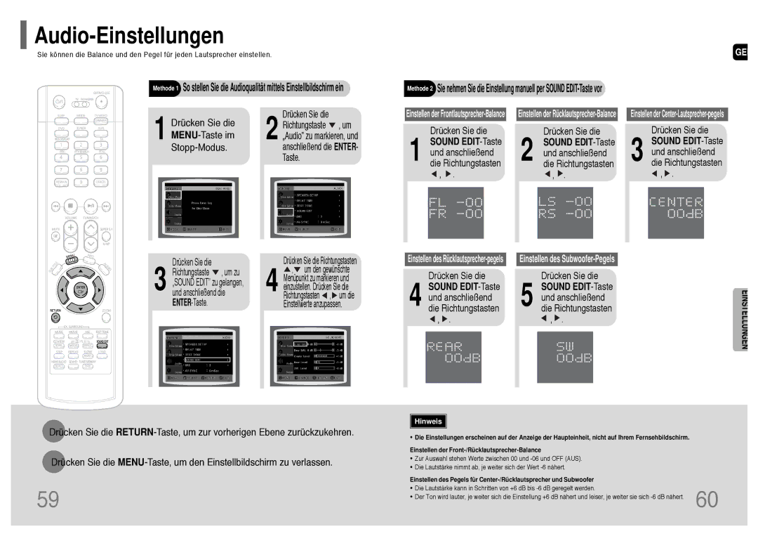 Samsung HT-P1200R/ELS, HT-P1200T/ADL manual Sound EDIT-Taste und anschließend die Richtungstasten 