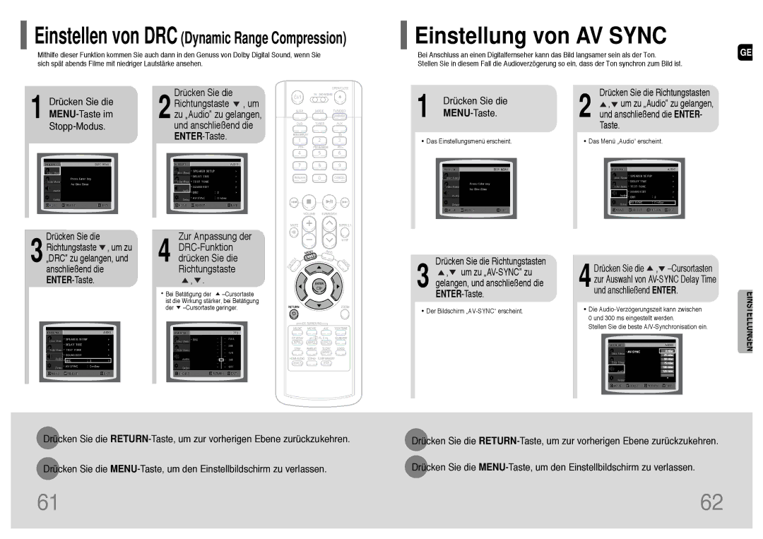 Samsung HT-P1200T/ADL Einstellung von AV Sync, Zur Anpassung der, DRC-Funktion Drücken Sie die Richtungstaste, MENU-Taste 