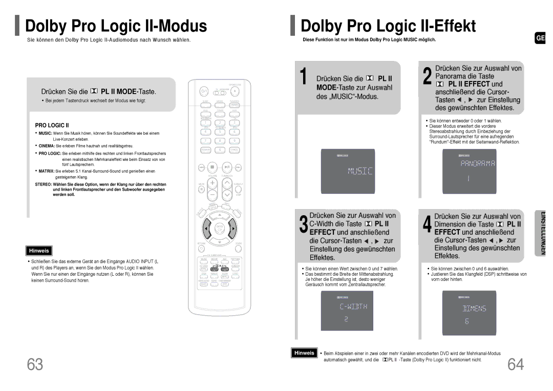 Samsung HT-P1200R/ELS, HT-P1200T/ADL Dolby Pro Logic II-Modus, Dolby Pro Logic II-Effekt, Drücken Sie die PL II MODE-Taste 