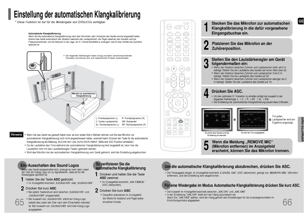 Samsung HT-P1200T/ADL, HT-P1200R/ELS manual Drücken Sie ASC, So verifizieren Sie die automatische Klangkalibrierung 