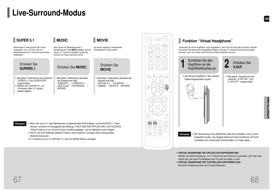 Samsung HT-P1200R/ELS manual Drücken Sie Drücken Sie Music, Schließen Sie den, Kopfhörer an die, Kopfhörerbuchse an 