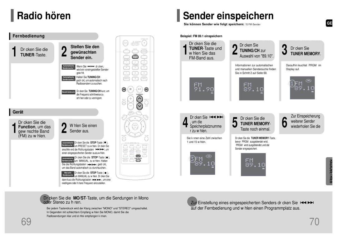 Samsung HT-P1200T/ADL manual Radio hören Sender einspeichern, Fernbedienung, Stellen Sie den Gewünschten Sender ein, Gerät 