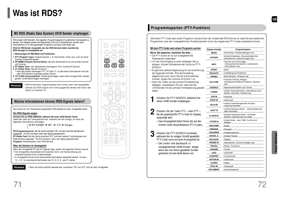 Samsung HT-P1200R/ELS manual Was ist RDS?, Programmsparten PTY-Funktion, Mit RDS Radio Data System UKW-Sender empfangen 