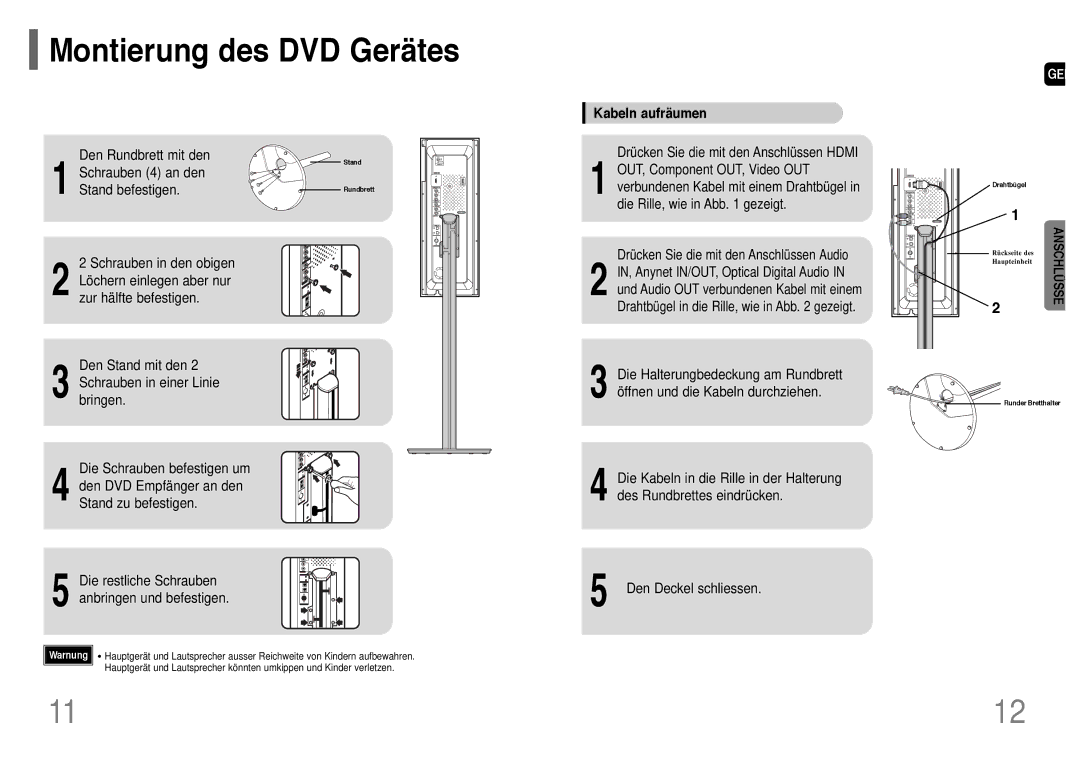 Samsung HT-P1200R/ELS manual Montierung des DVD Gerätes, Den Rundbrett mit den, Schrauben 4 an den, Stand befestigen 