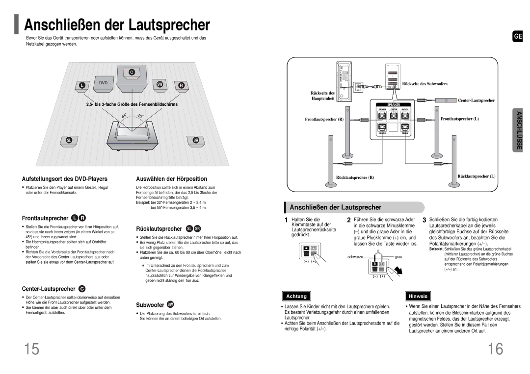 Samsung HT-P1200R/ELS, HT-P1200T/ADL manual Anschließen der Lautsprecher 