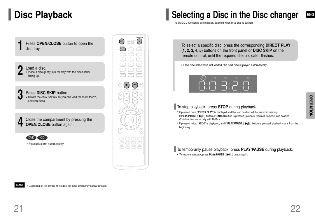 Samsung HT-P29 Disc Playback, Press OPEN/CLOSE button to open the disc tray Load a disc, Press Disc Skip button 