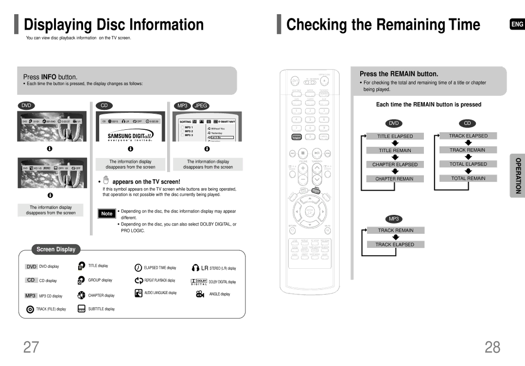 Samsung HT-P29 Displaying Disc Information, Press Info button, Press the Remain button, Appears on the TV screen 