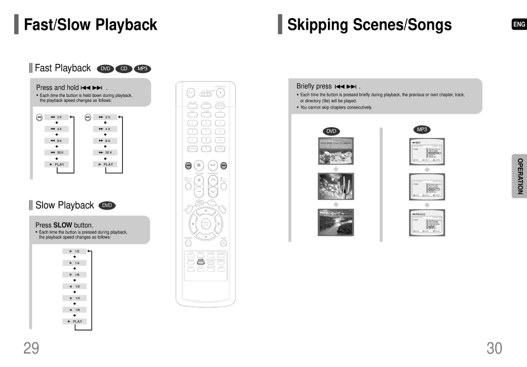 Samsung HT-P29 Fast/Slow Playback, Skipping Scenes/Songs, Press and hold, Press Slow button, Briefly press 