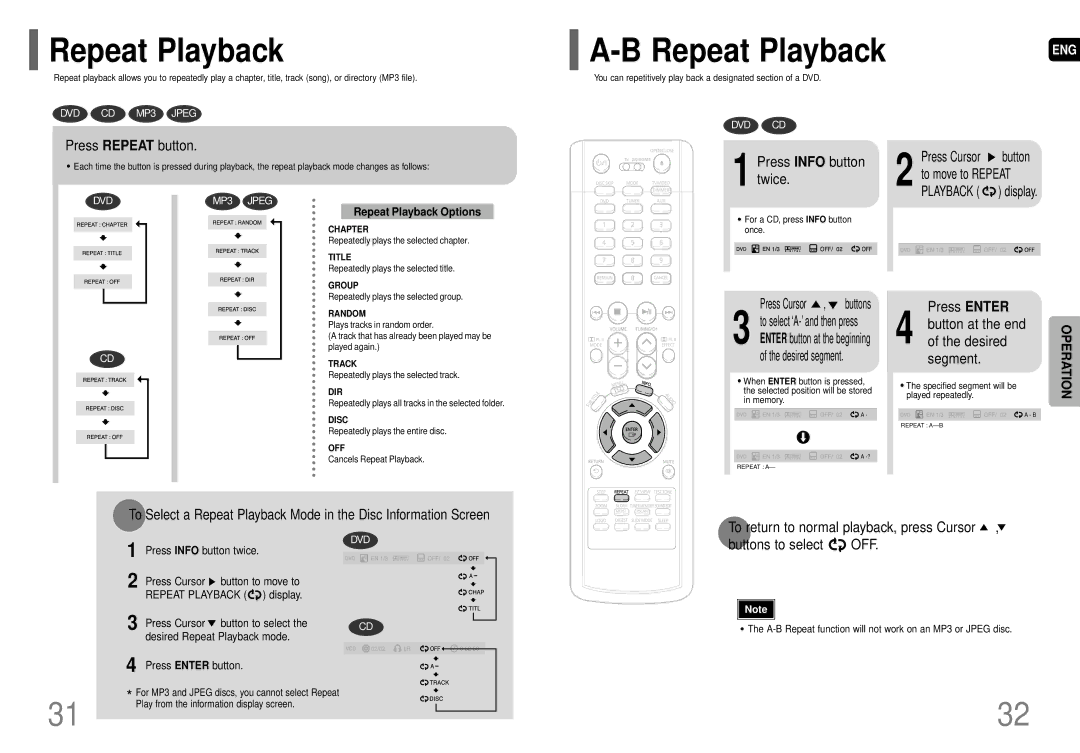 Samsung HT-P29 Repeat Playback, Press Repeat button, Press Info button twice Press Cursor button, Press Enter 