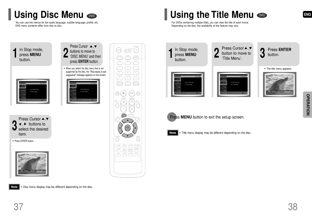 Samsung HT-P29 instruction manual Using Disc Menu DVD, Using the Title Menu DVD 