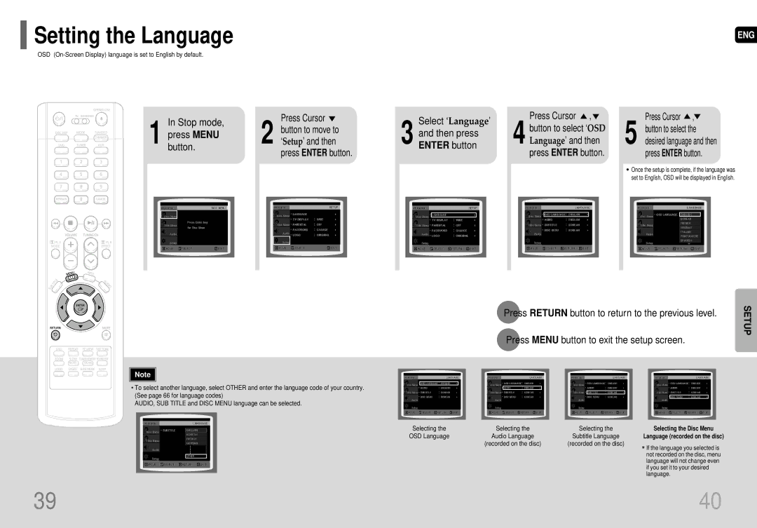 Samsung HT-P29 Setting the Language, Stop mode Press Cursor, Button to move to Press Menu Then press ‘Setup’ and then 