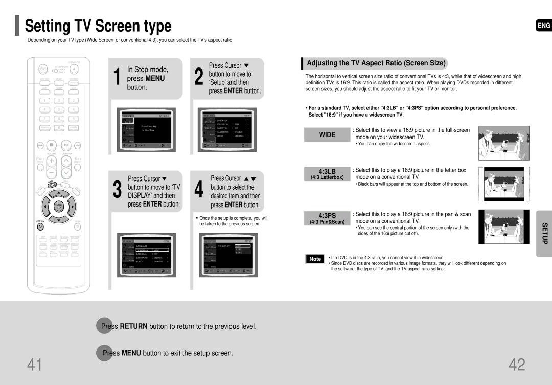 Samsung HT-P29 instruction manual Setting TV Screen type, Adjusting the TV Aspect Ratio Screen Size, 43LB, 43PS 