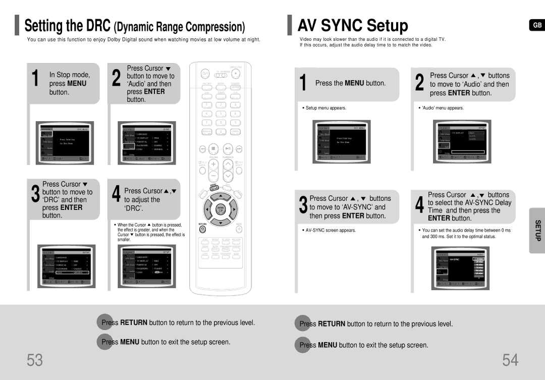 Samsung HT-P29 instruction manual AV Sync Setup, Button Press Enter Press the Menu button, Press Cursor , buttons 