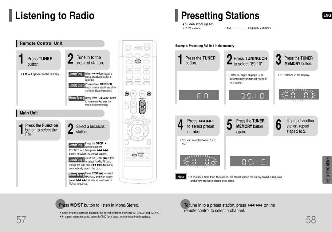 Samsung HT-P29 Listening to Radio Presetting Stations, Remote Control Unit, Press TUNING/CH, Main Unit, Memory button 