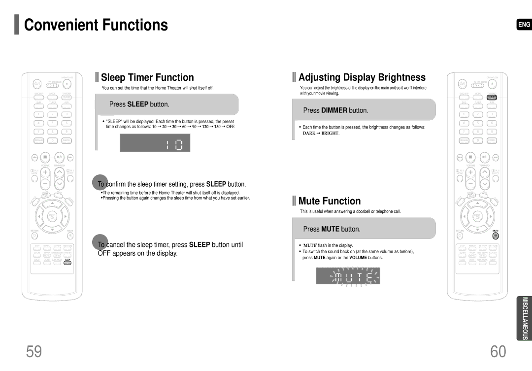 Samsung HT-P29 Convenient Functions, Press Sleep button, To confirm the sleep timer setting, press Sleep button 