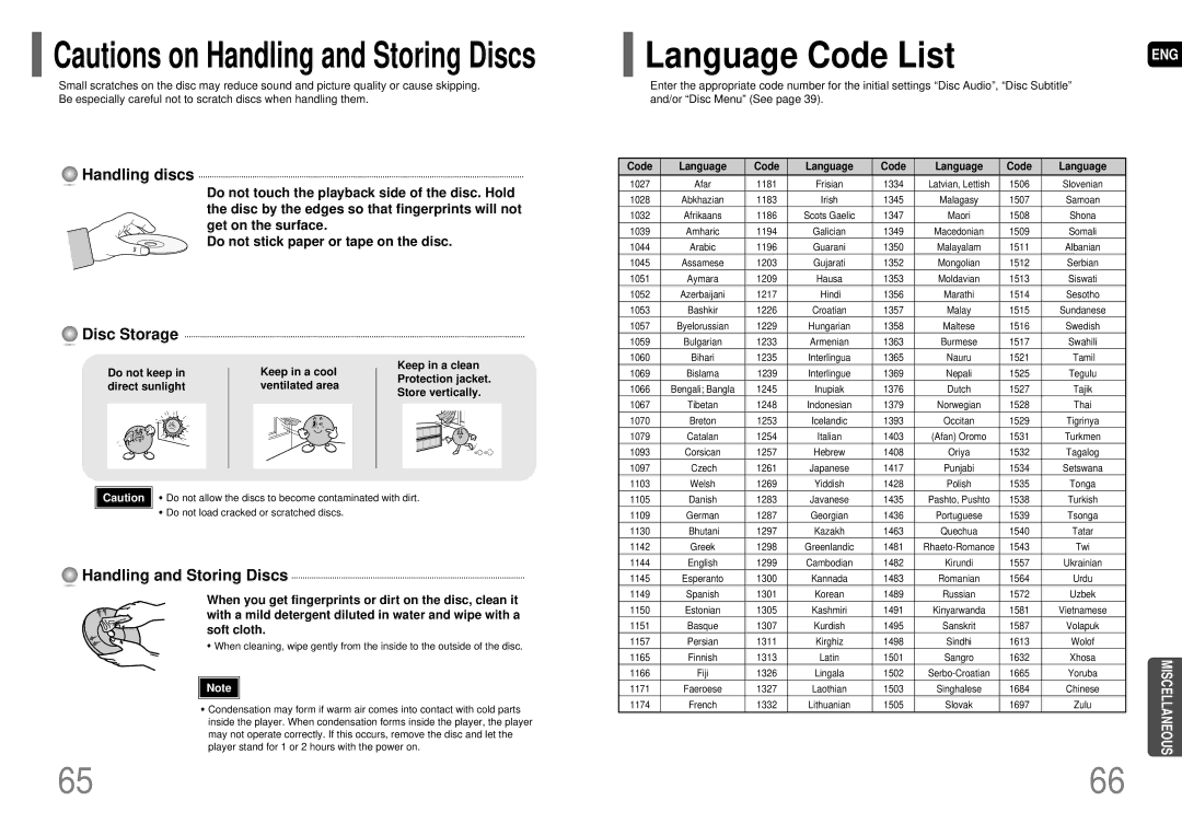 Samsung HT-P29 instruction manual Language Code List, Handling discs, Disc Storage, Handling and Storing Discs 