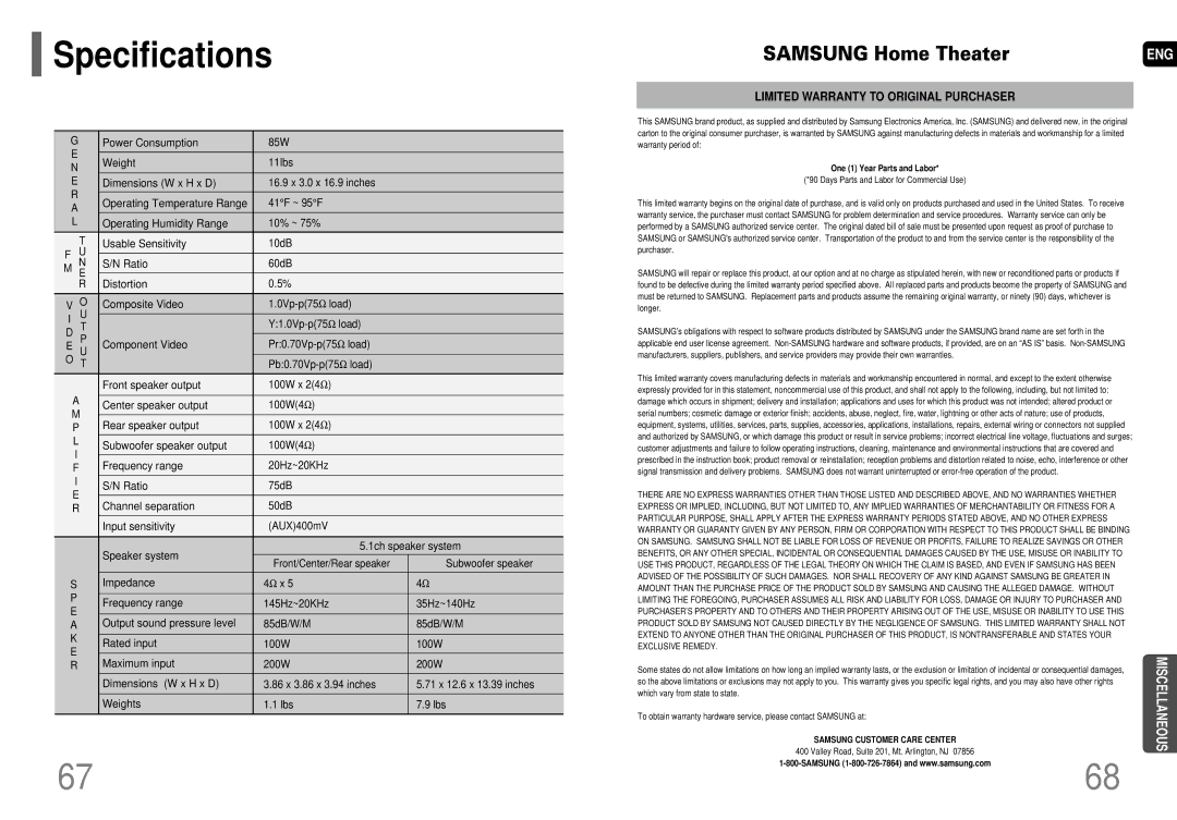 Samsung HT-P29 instruction manual Specifications, Samsung Home Theater 