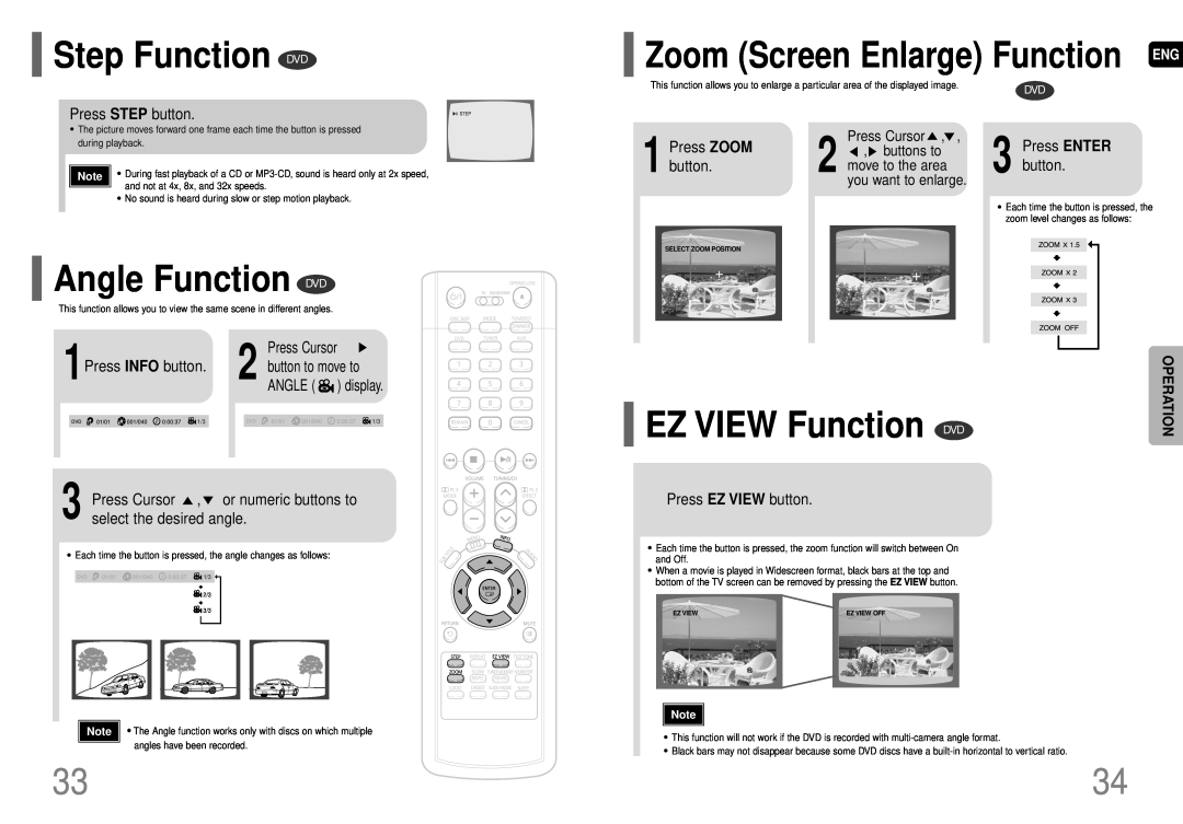 Samsung HT-P29 Step Function DVD, Angle Function DVD, EZ VIEW Function DVD, Zoom Screen Enlarge Function ENG, Press Cursor 