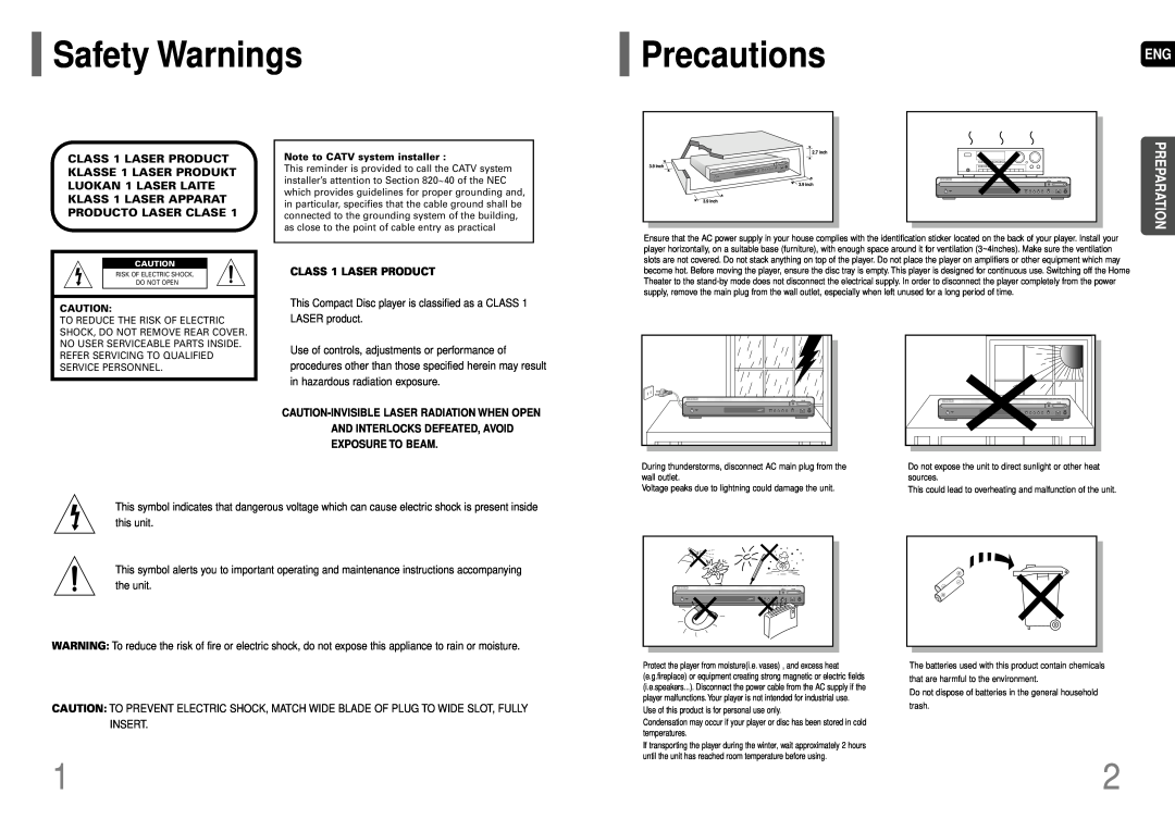 Samsung HT-P29 instruction manual Safety Warnings, PrecautionsENG, Preparation, CLASS 1 LASER PRODUCT 