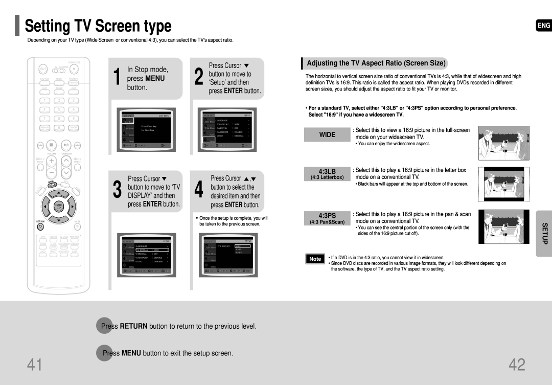Samsung HT-P29 Setting TV Screen type, In Stop mode, Press Cursor, press MENU, button to move to, 2 ‘Setup’ and then 
