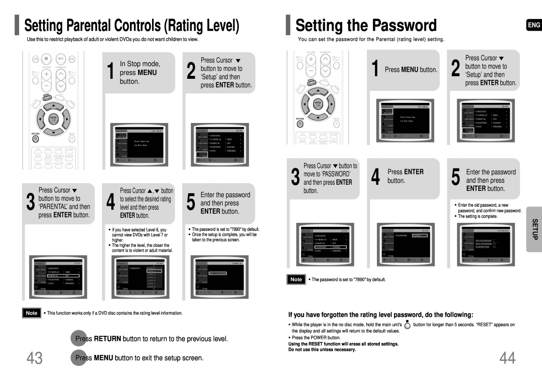 Samsung HT-P29 instruction manual Setting the Password, Setting Parental Controls Rating Level 
