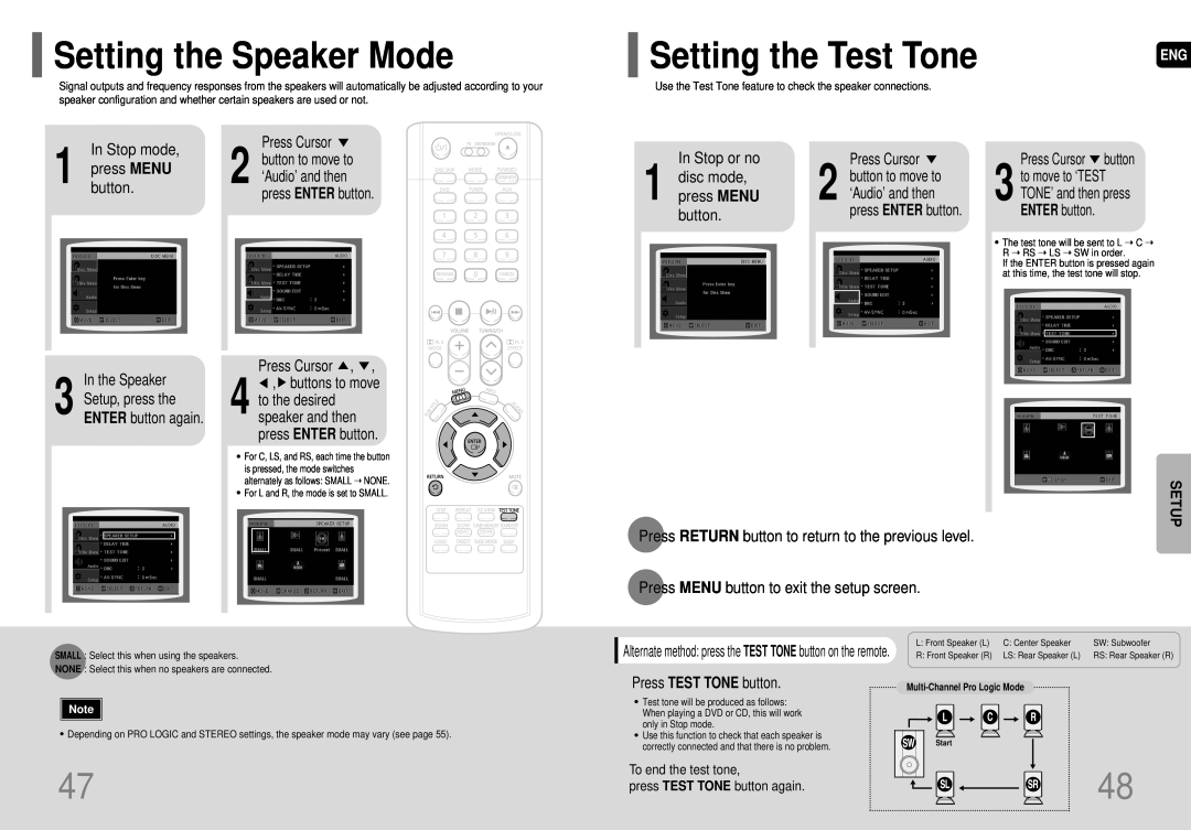 Samsung HT-P29 instruction manual Setting the Speaker Mode, Setting the Test Tone 