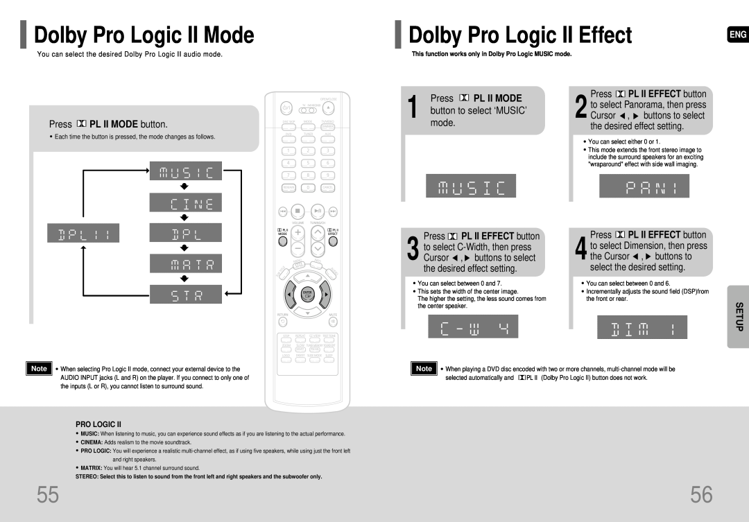 Samsung HT-P29 Dolby Pro Logic II Mode, Dolby Pro Logic II Effect, Press PL II MODE button, mode, button to select ‘MUSIC’ 