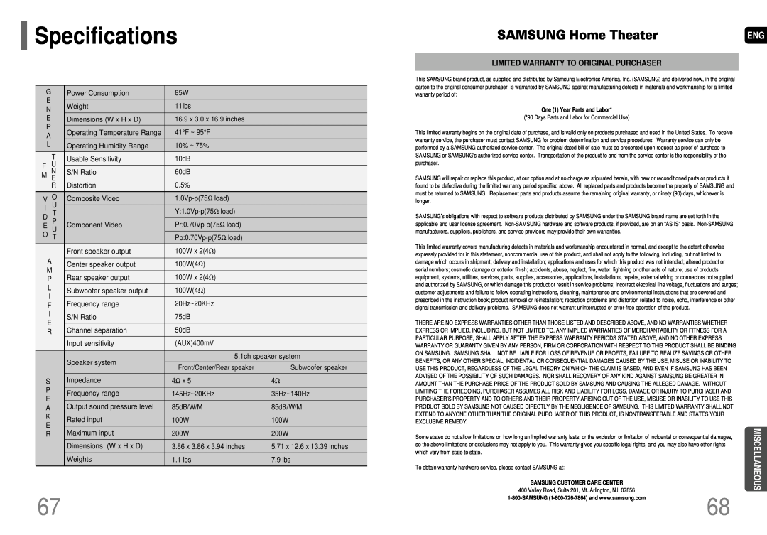 Samsung HT-P29 instruction manual Specifications, SAMSUNG Home Theater, Limited Warranty To Original Purchaser 
