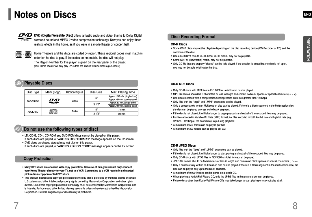 Samsung HT-P29 instruction manual Notes on Discs, Copy Protection, CD-RDiscs, CD-RMP3 Discs, CD-RJPEG Discs 