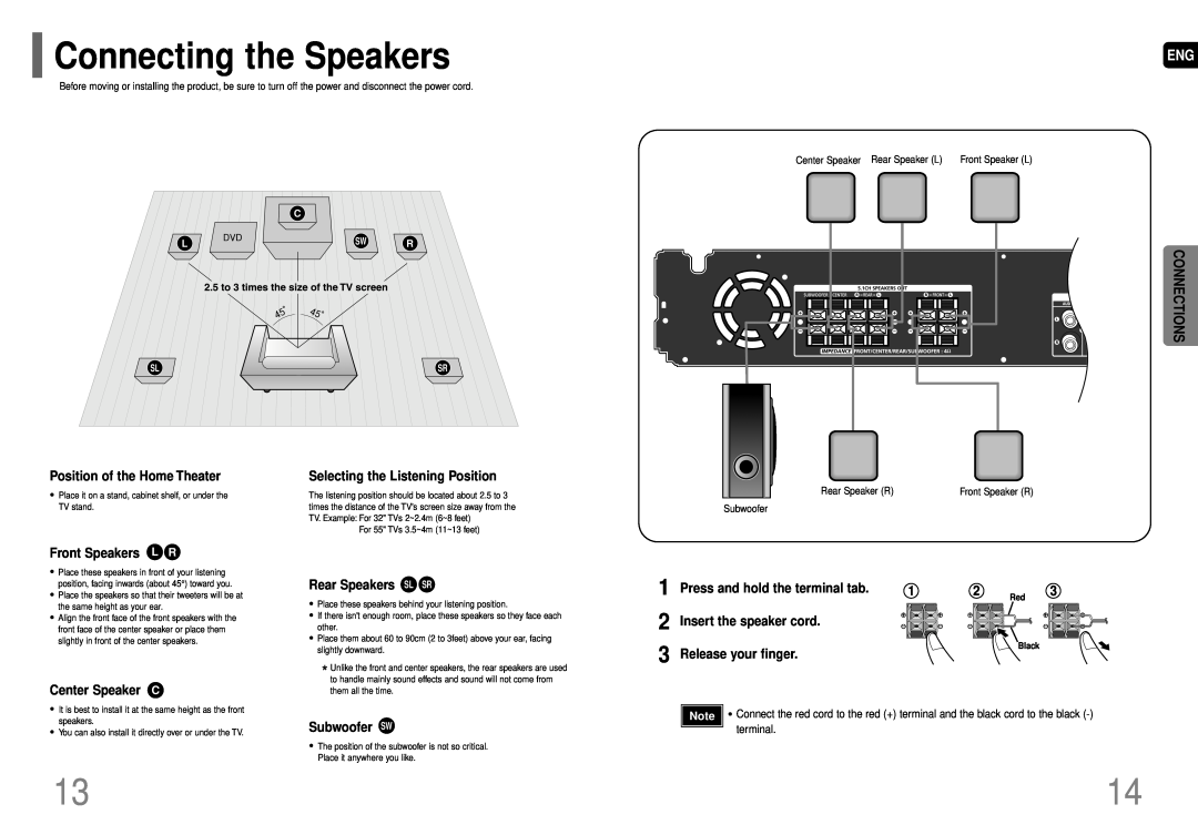 Samsung HT-P29 Connecting the Speakers, Position of the Home Theater, Selecting the Listening Position, Front Speakers L R 