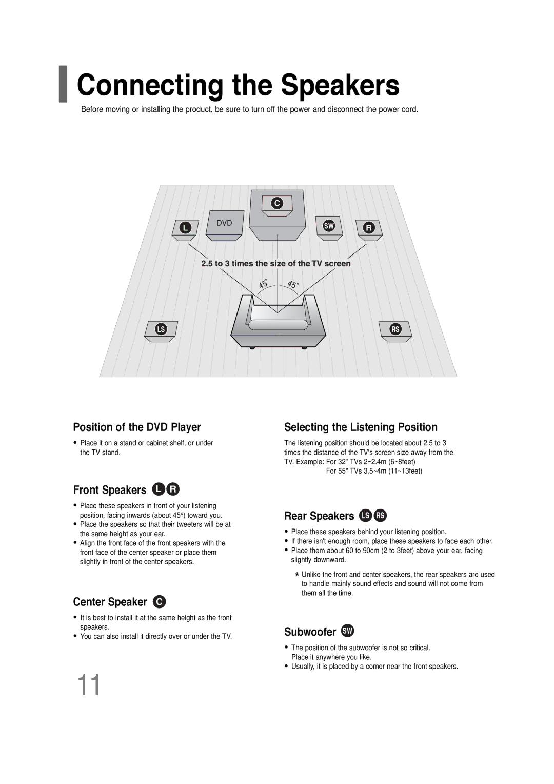 Samsung HT-P30 instruction manual Connecting the Speakers, Selecting the Listening Position 