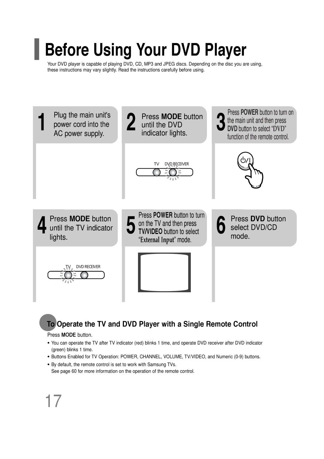 Samsung HT-P30 instruction manual Before Using Your DVD Player, 4Press Mode button until the TV indicator lights 