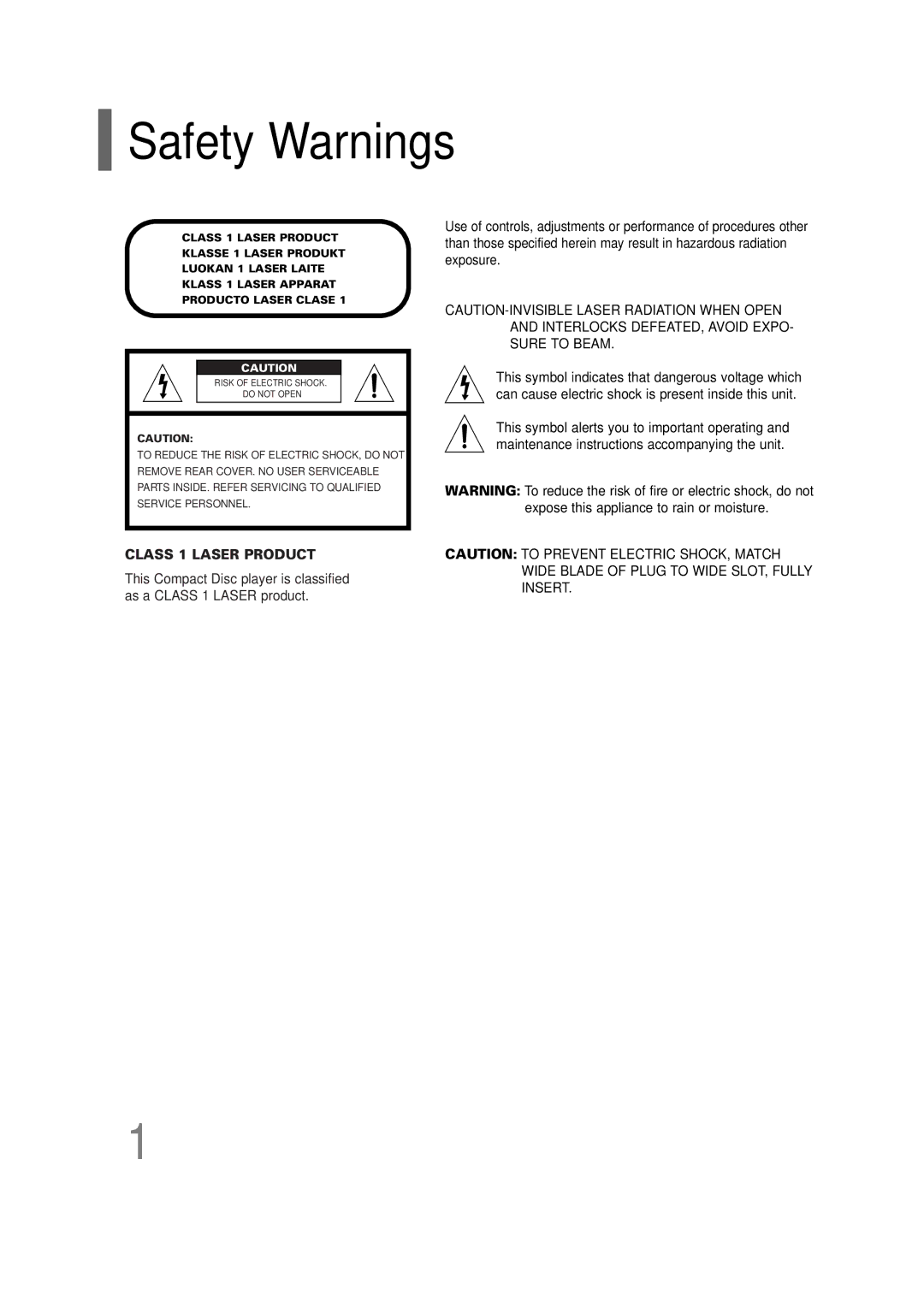 Samsung HT-P30 instruction manual Safety Warnings, Class 1 Laser Product 