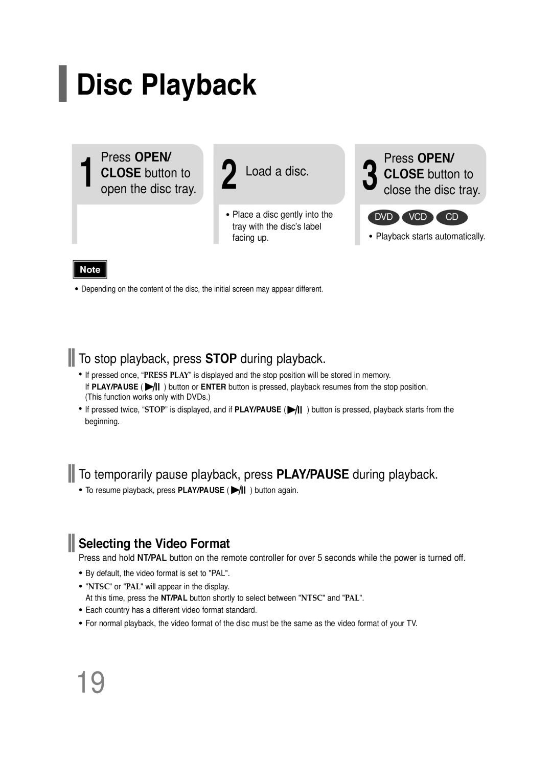 Samsung HT-P30 instruction manual Disc Playback, Press Open, Load a disc, To stop playback, press Stop during playback 