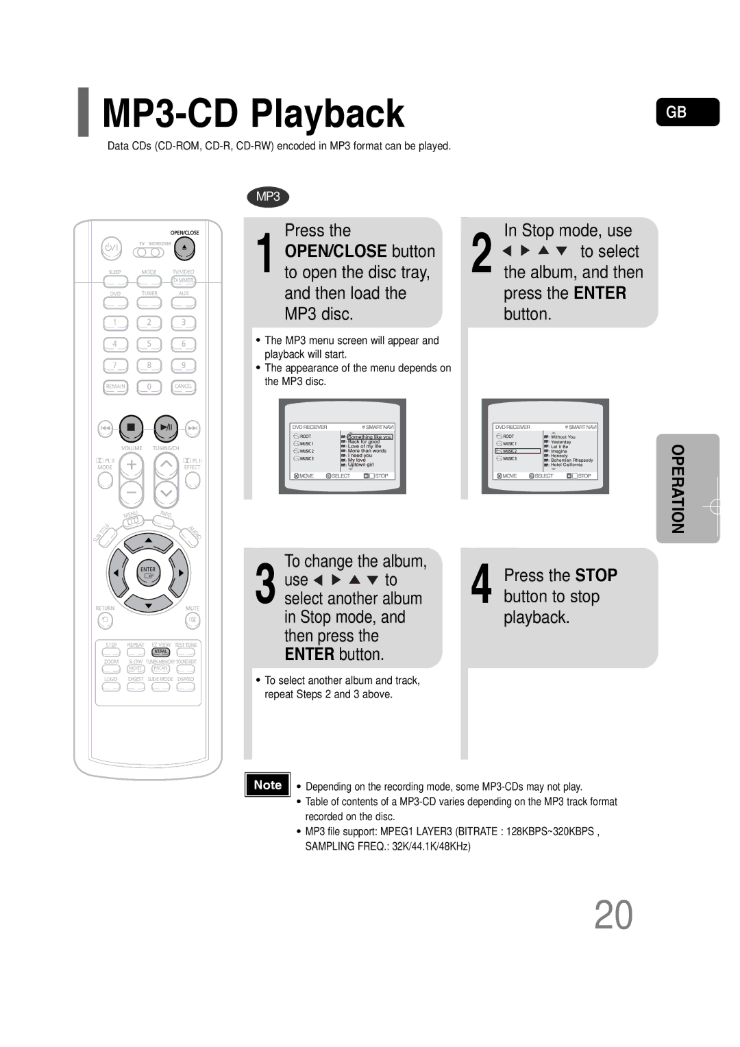 Samsung HT-P30 instruction manual MP3-CD Playback, Press, Change the album, Use, Stop mode, Playback 