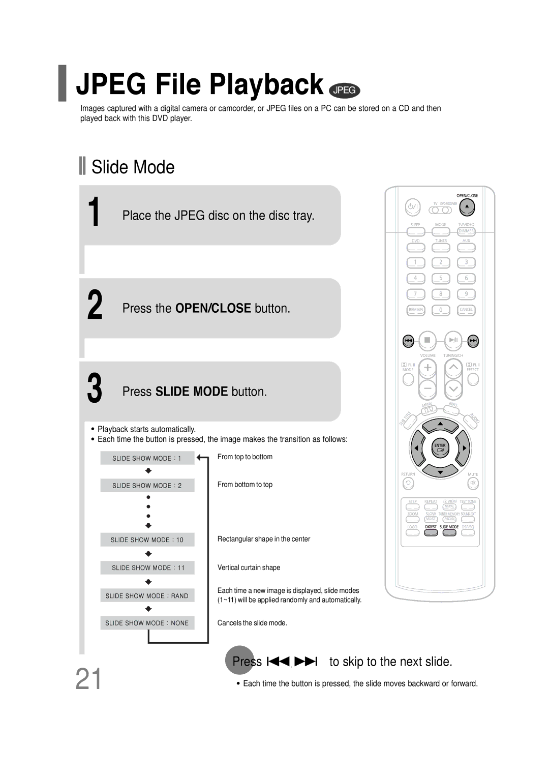 Samsung HT-P30 instruction manual Jpeg File Playback Jpeg, Press To skip to the next slide 