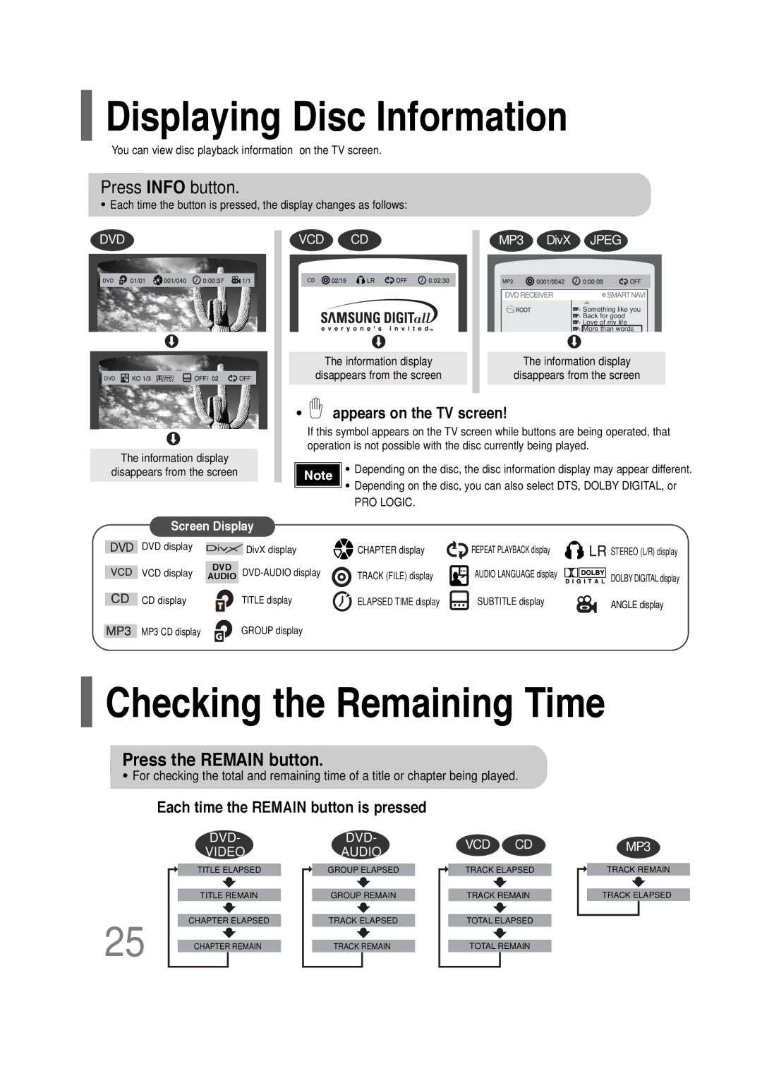 Samsung HT-P30 Displaying Disc Information, Checking the Remaining Time, Press Info button, Press the Remain button 