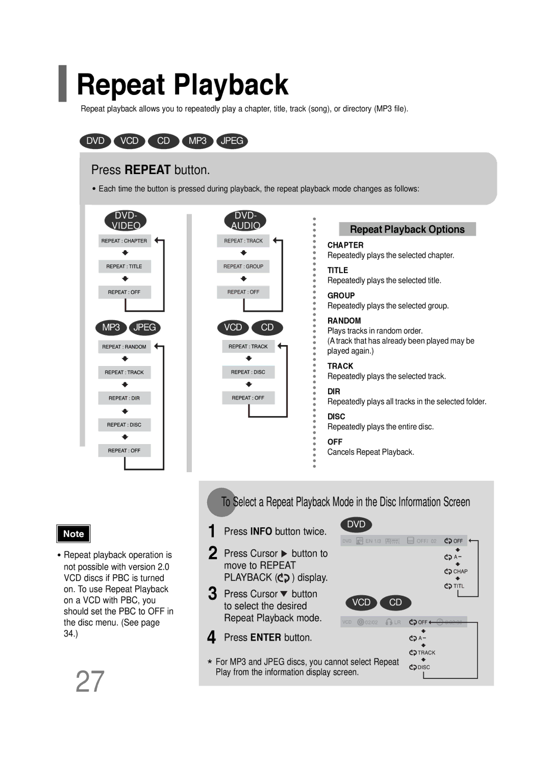 Samsung HT-P30 instruction manual Repeat Playback, Press Repeat button 