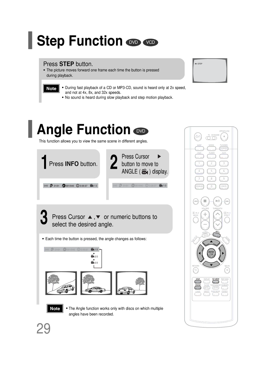 Samsung HT-P30 instruction manual Step Function DVD VCD, Angle Function DVD, Press Step button, Press Cursor 