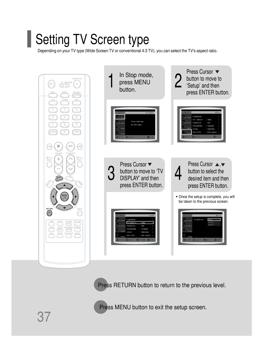 Samsung HT-P30 instruction manual Setting TV Screen type, Pressbutton.MENU 