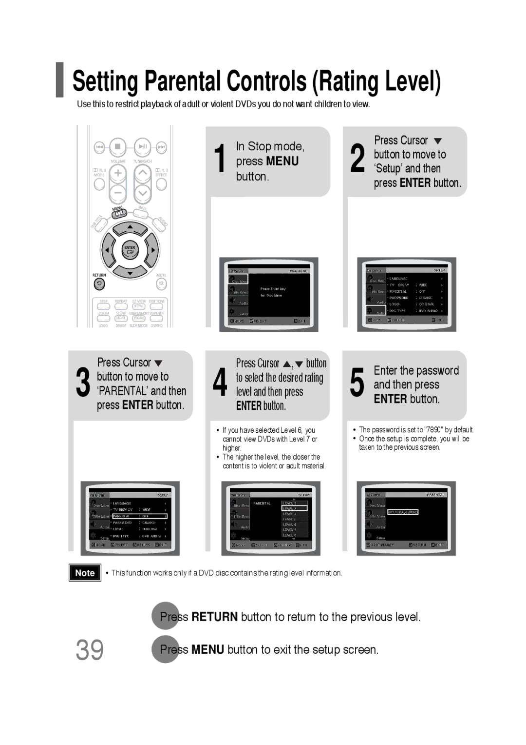 Samsung HT-P30 Press Cursor , button, Enter the password, Press Return button to return to the previous level 