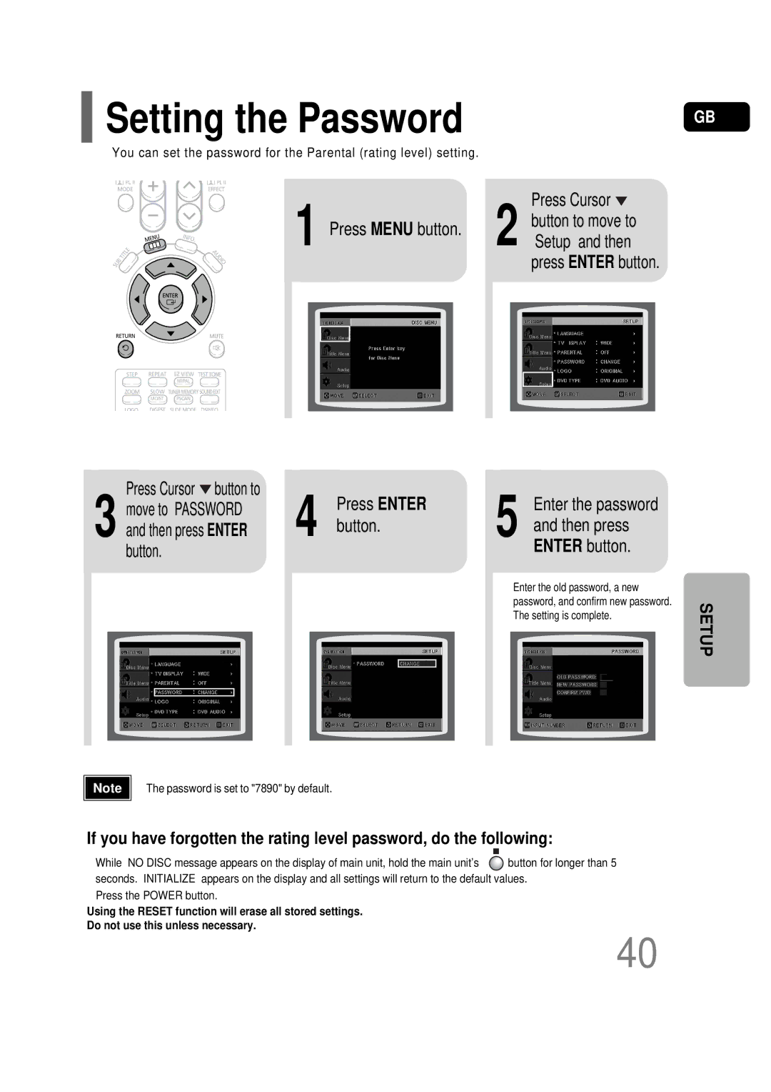 Samsung HT-P30 instruction manual Setting the Password, Button Enter button 