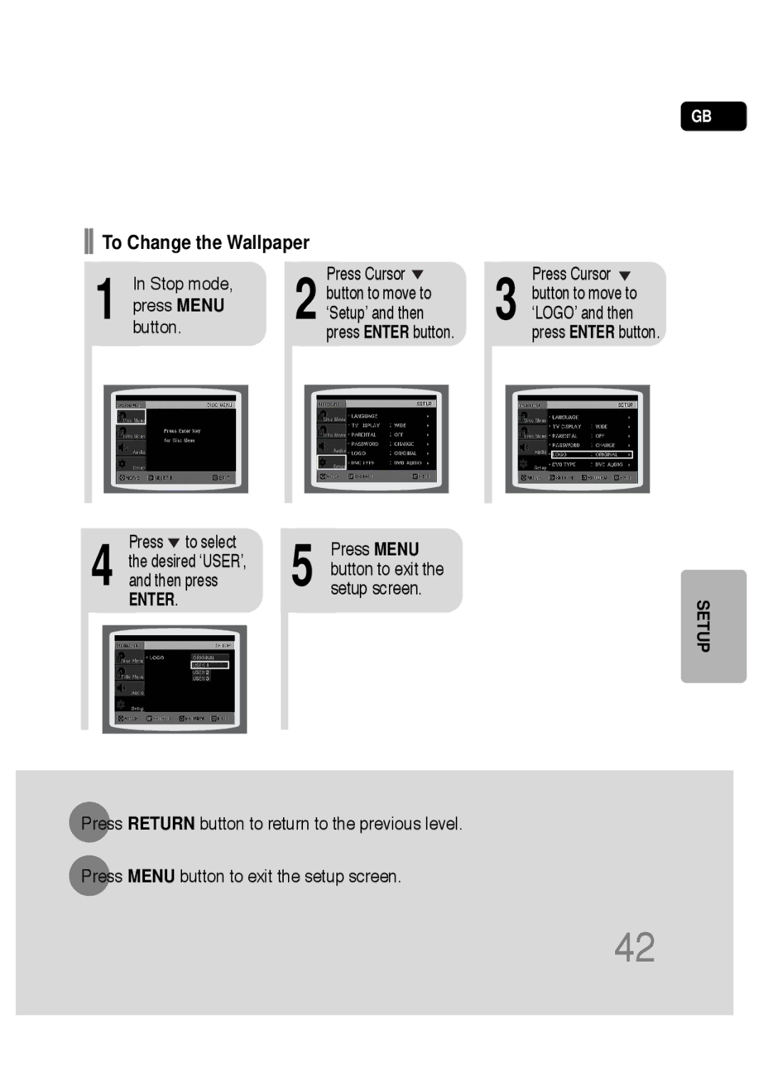 Samsung HT-P30 instruction manual To Change the Wallpaper 