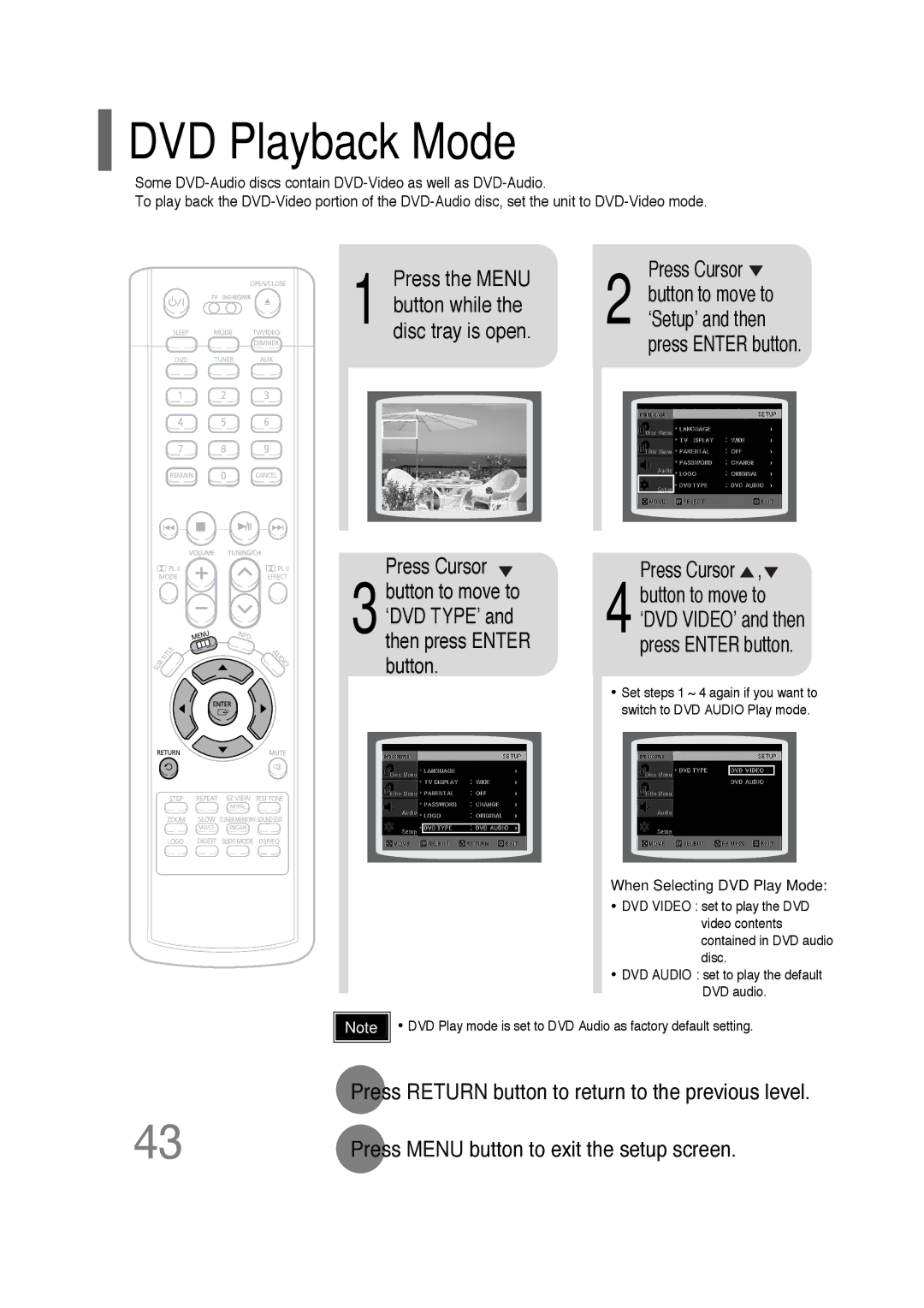 Samsung HT-P30 instruction manual DVD Playback Mode, Press the Menu, When Selecting DVD Play Mode 